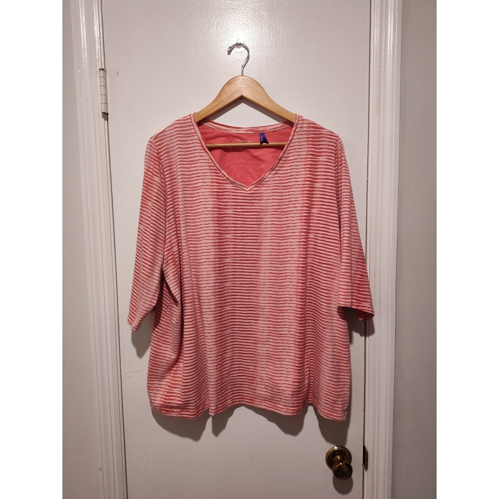 Catherines Petite 1XWP V-Neck Top Pink White Striped 3/4 Sleeve Plus Size 18/20